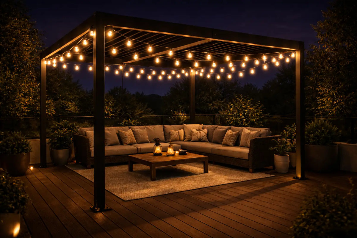 Éclairage LED intégré pergola bois jardin nuit