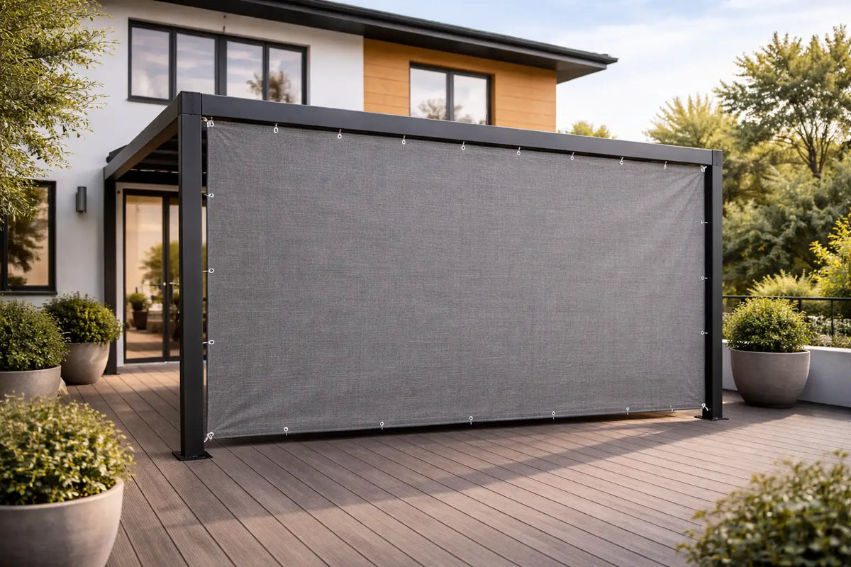 Vue de face d'une voile d'ombrage fixee a une pergola bioclimatique