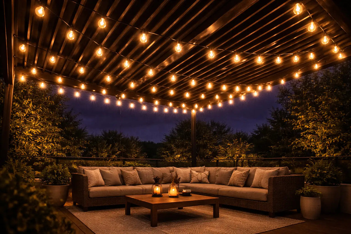 Éclairage pergola bois ambiance tamisée soirée